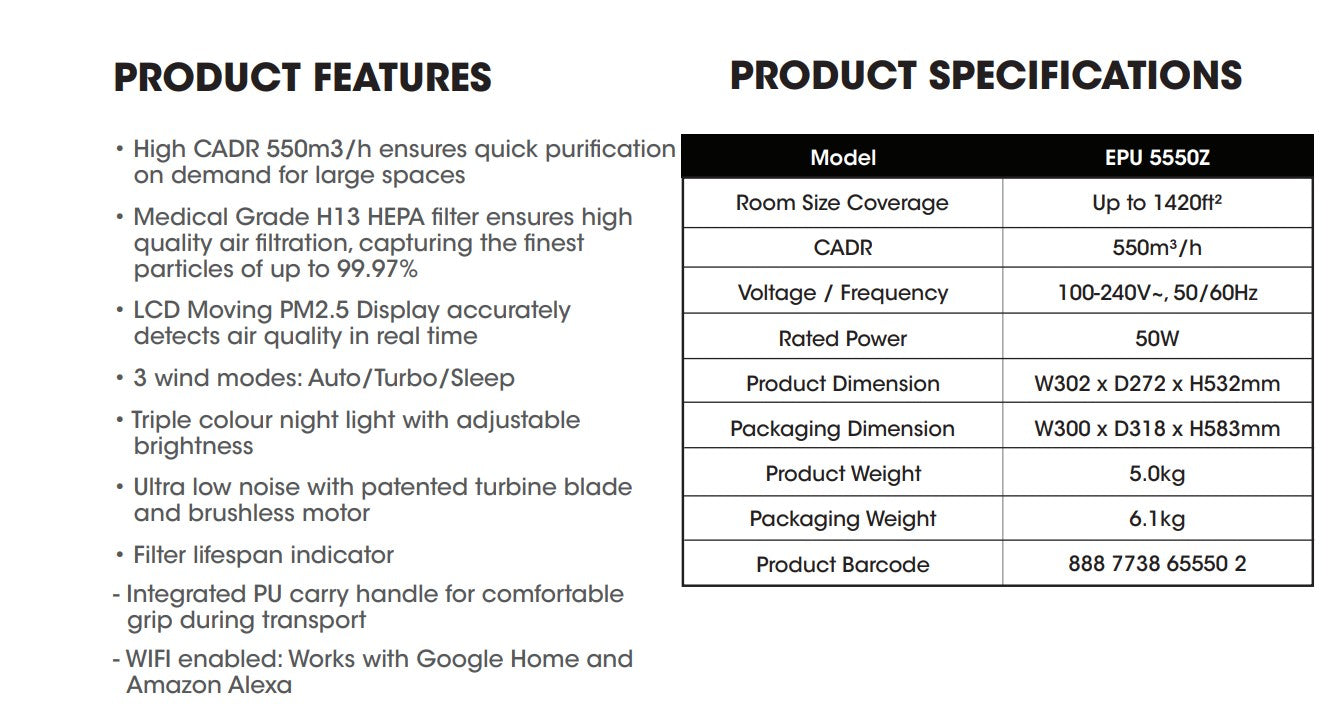 Europace Smart WIFI Air Purifier EPU 5550Z