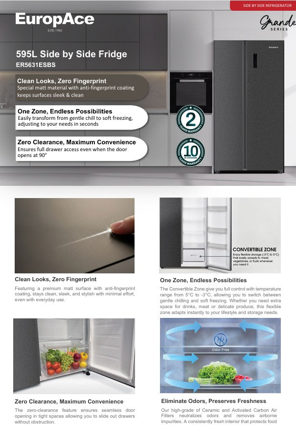Europace 2 Door Side by Side Fridge 595L ER5631ESBSGY