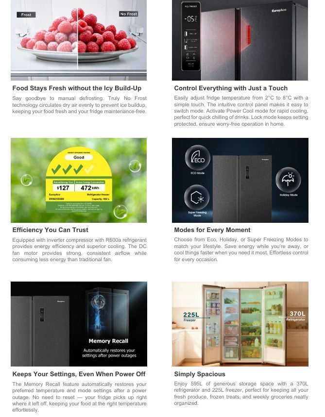 Europace 2 Door Side by Side Fridge 595L ER5631ESBSGY