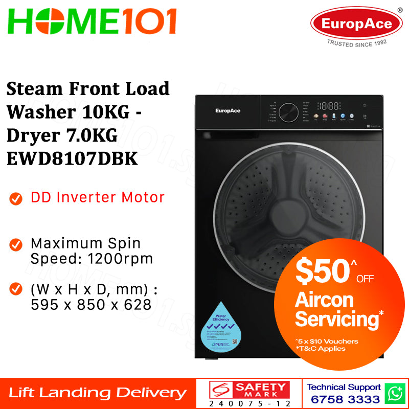 Europace Steam Front Load Washer 10KG - Dryer 7.0KG EWD8107DBK