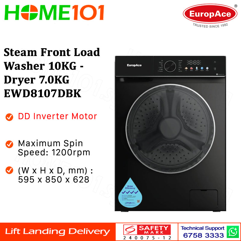 Europace Steam Front Load Washer 10KG - Dryer 7.0KG EWD8107DBK