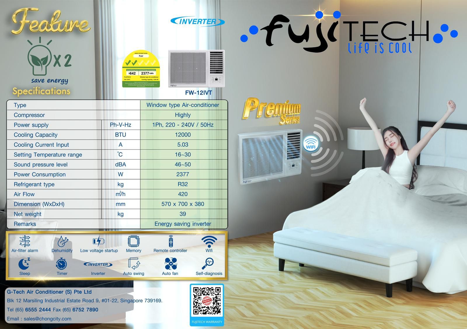 Fujitech (Pre-Order) Inverter Window Air Con 12000BTU FW-12IVT *NO INSTALLATION*