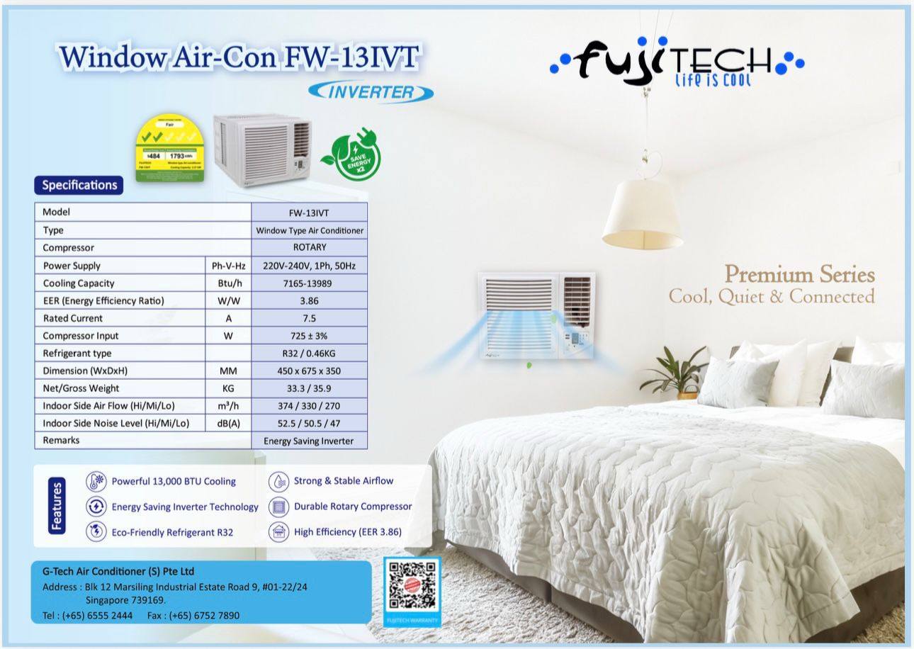Fujitech Inverter Window Air Con 7165-13989BTU FW-13IVT