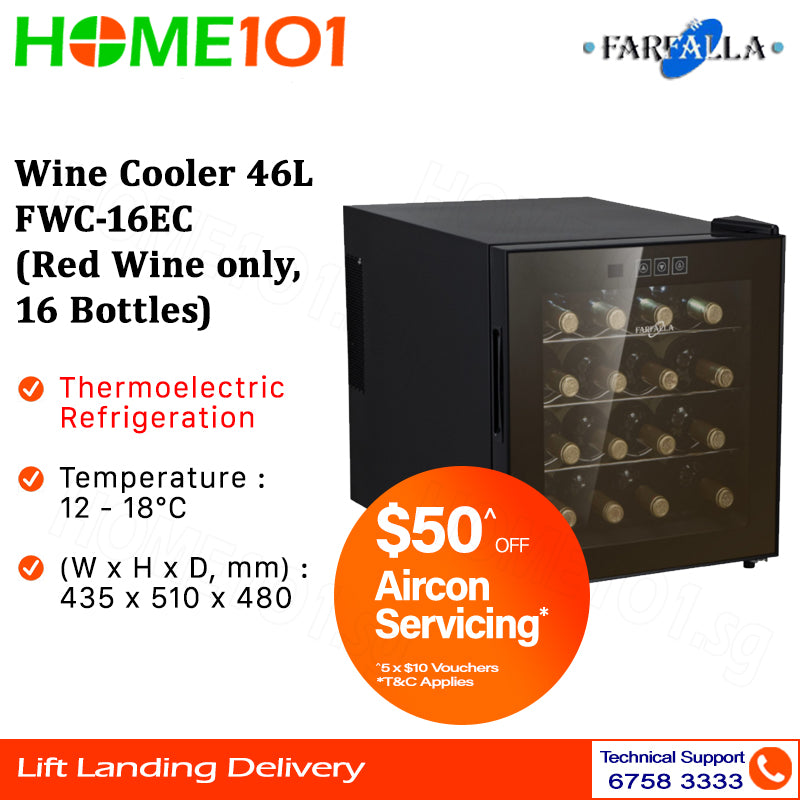 Farfalla Wine Cooler 46L FWC-16EC (Red Wine Only, 16 Bottles)