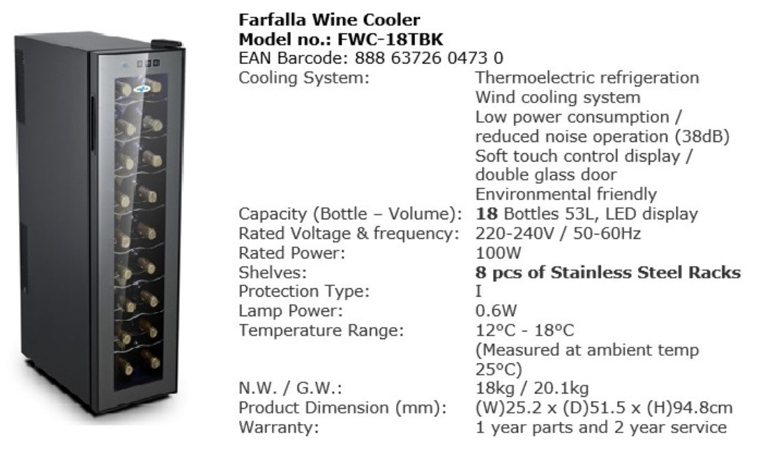 Farfalla Wine Cooler 53L FWC-18TBK (Red Wine Only, 18 Bottles)