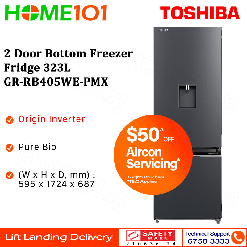 Toshiba 2 Door Bottom Freezer Fridge 323L GR-RB405WE-PMX