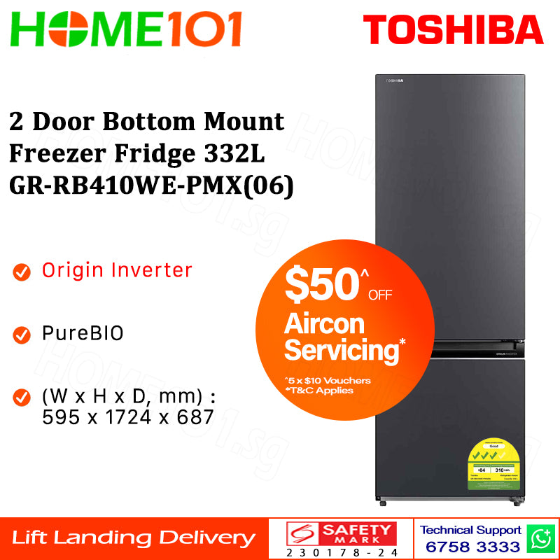 Toshiba 2 Door Bottom Mount Freezer Fridge 332L GR-RB410WE-PMX(06)
