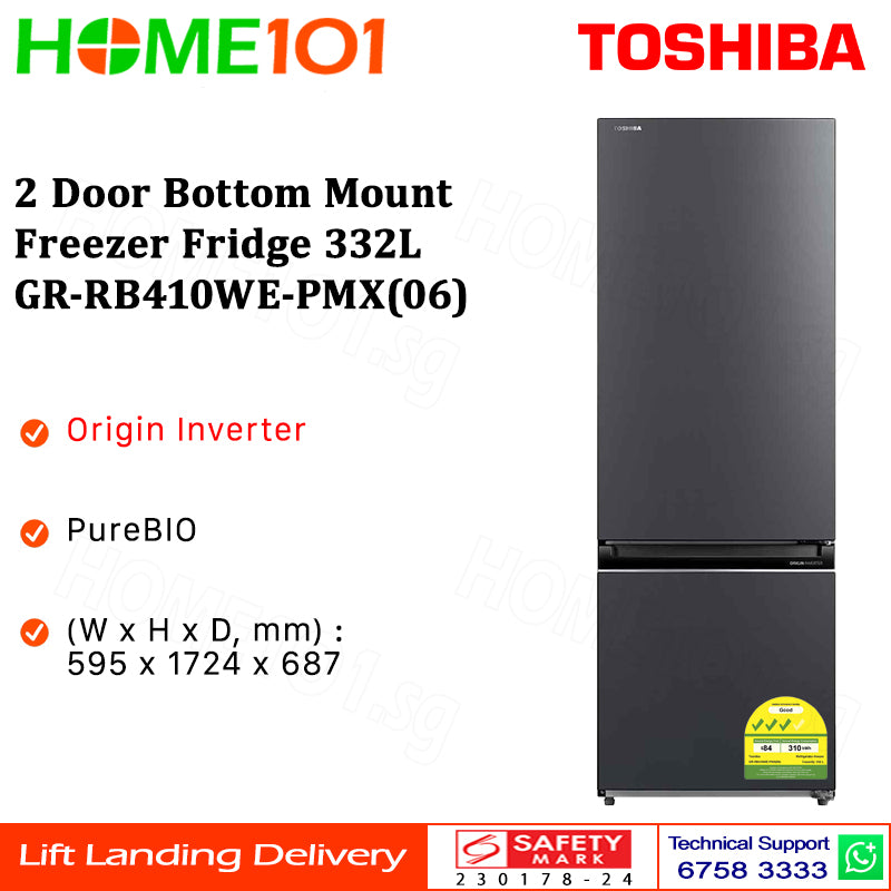 Toshiba 2 Door Bottom Mount Freezer Fridge 332L GR-RB410WE-PMX(06)