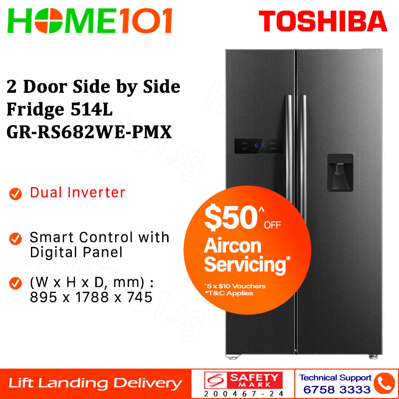 Toshiba Side by Side Refrigerator 514L GR-RS682WE-PMX
