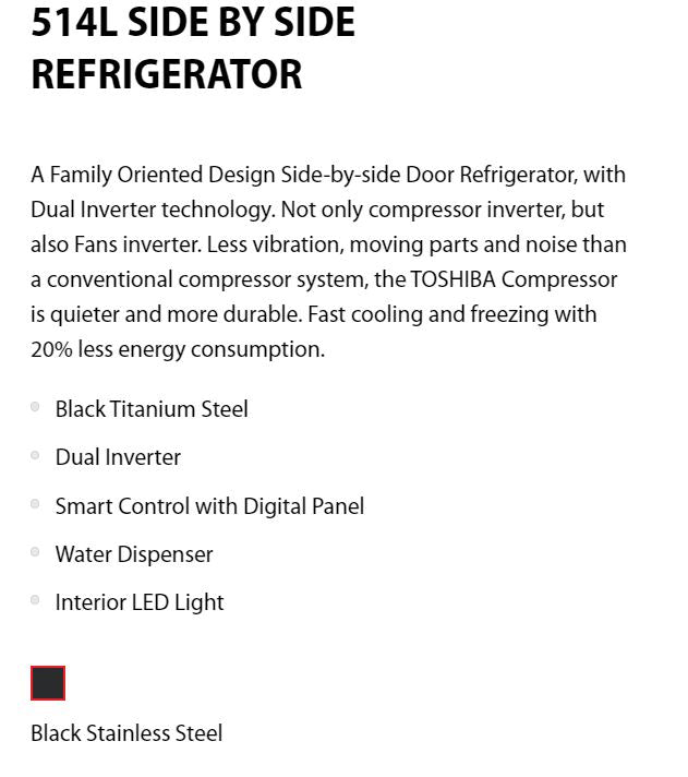 Toshiba Side by Side Refrigerator 514L GR-RS682WE-PMX