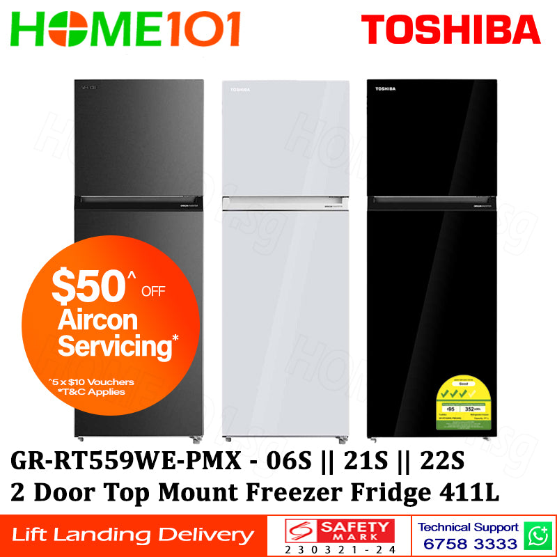 Toshiba 2 Door Top Mount Freezer Fridge 411L GR-RT559WE-PMX(06S) | GR-RT559WE-PMX(21S) | GR-RT559WE-PMX(22S)