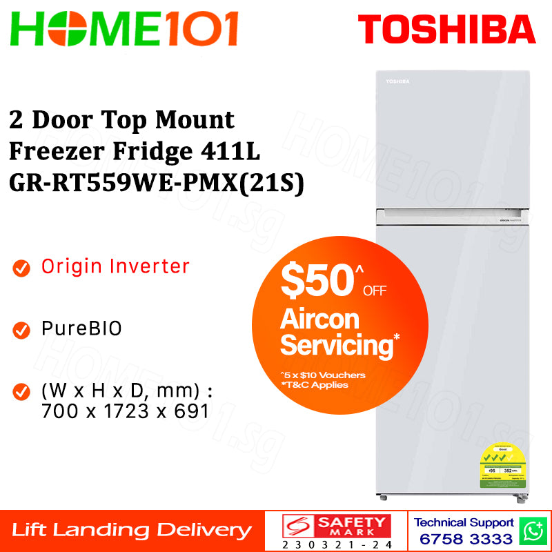 Toshiba 2 Door Top Mount Freezer Fridge 411L GR-RT559WE-PMX(06S) | GR-RT559WE-PMX(21S) | GR-RT559WE-PMX(22S)