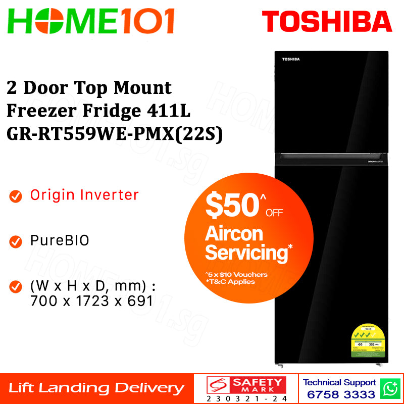 Toshiba 2 Door Top Mount Freezer Fridge 411L GR-RT559WE-PMX(06S) | GR-RT559WE-PMX(21S) | GR-RT559WE-PMX(22S)