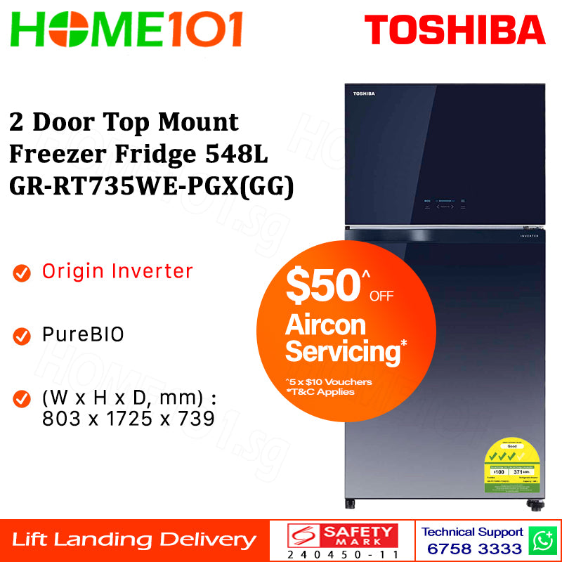 PRE-ORDER (ETA MID AUG) Toshiba 2 Door Top Mount Freezer Fridge 548L GR-RT735WE-PGX(GG)
