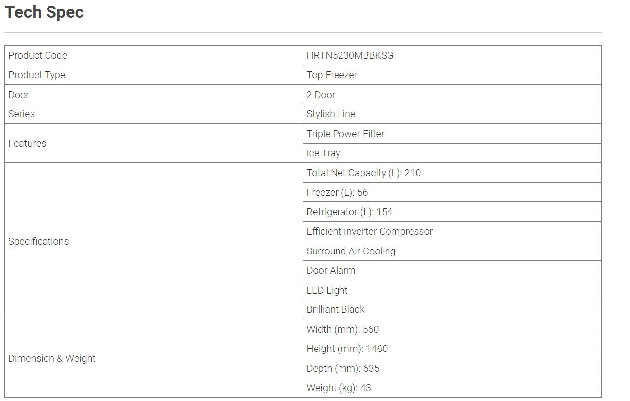 Hitachi 2 Door Top Freezer Fridge 210L HRTN5230M - HRTN5230MXSG || HRTN5230MBBKSG