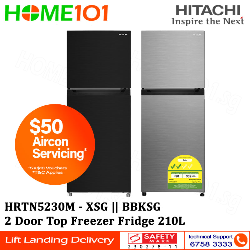 Hitachi 2 Door Top Freezer Fridge 210L HRTN5230M - HRTN5230MXSG || HRTN5230MBBKSG