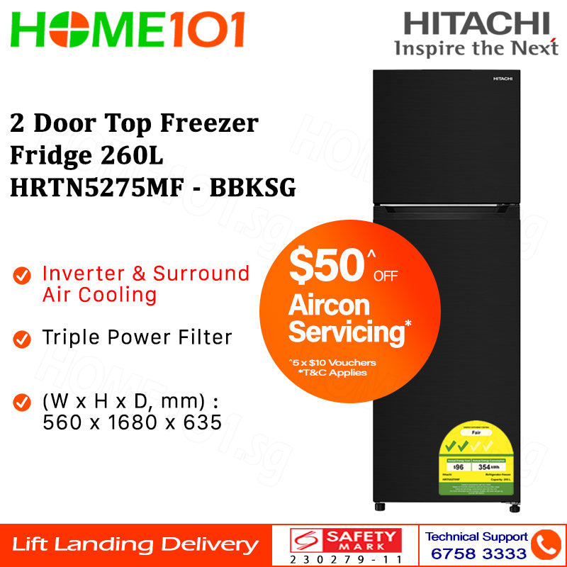 Hitachi 2 Door Top Freezer Fridge 260L HRTN5275MF - HRTN5275MFXSG || HRTN5275MFBBKSG