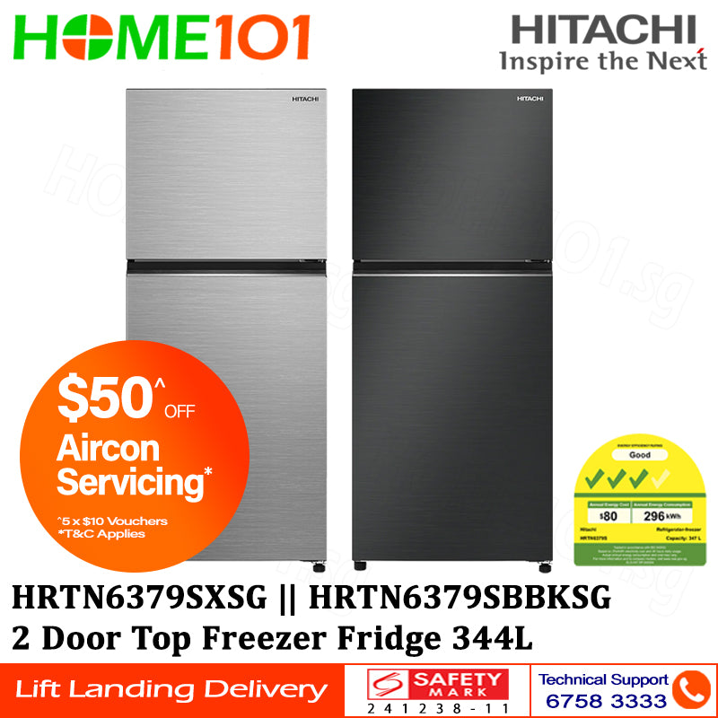 Hitachi 2 Door Top Freezer Fridge 344L HRTN6379S - HRTN6379SBBKSG || HRTN6379SXSG