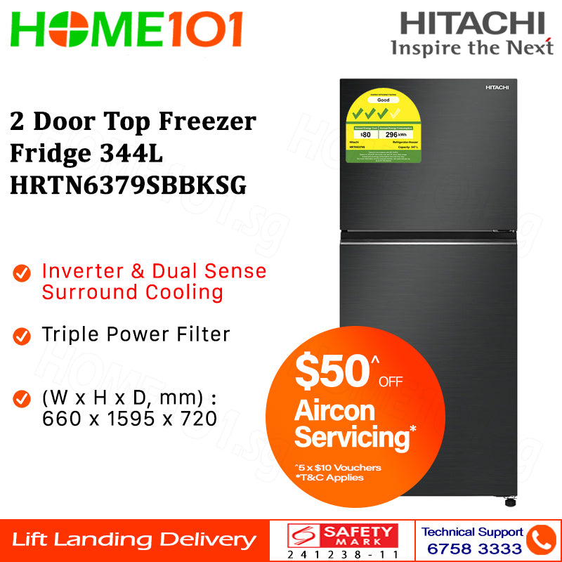 Hitachi 2 Door Top Freezer Fridge 344L RTN6379S - HRTN6379SBBKSG || HRTN6379SXSG