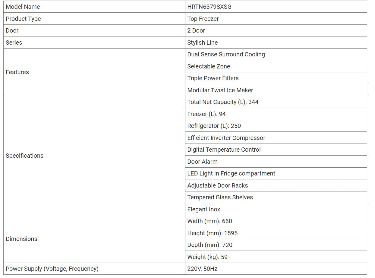 Hitachi 2 Door Top Freezer Fridge 344L HRTN6379S - HRTN6379SBBKSG || HRTN6379SXSG