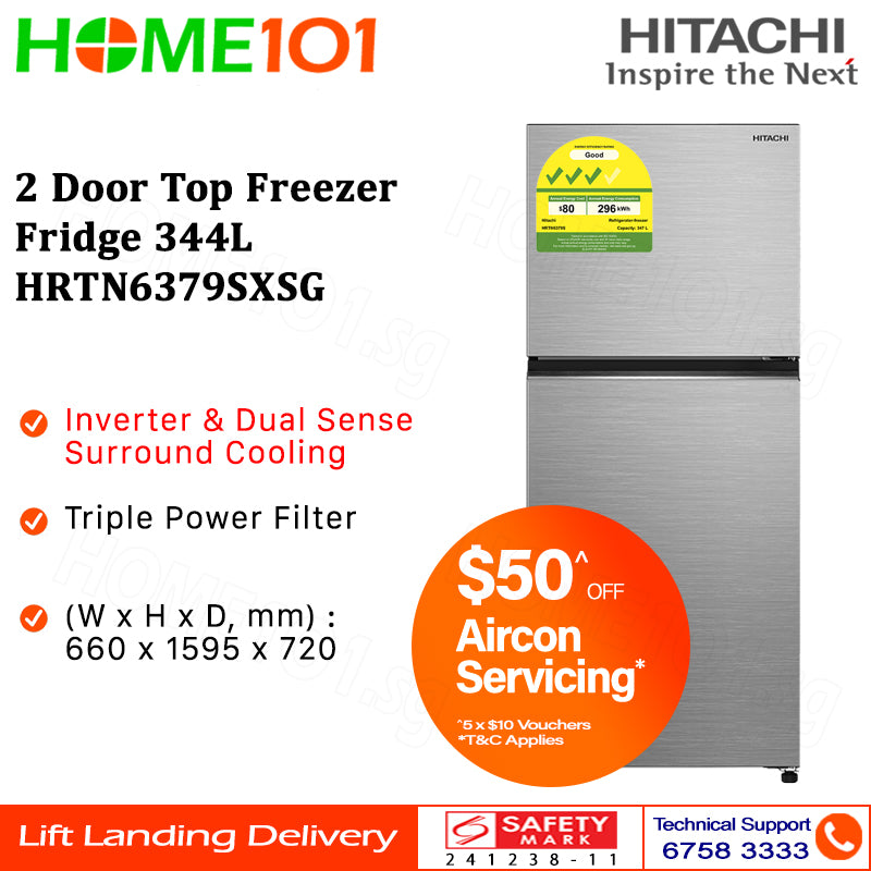 Hitachi 2 Door Top Freezer Fridge 344L HRTN6379S - HRTN6379SBBKSG || HRTN6379SXSG