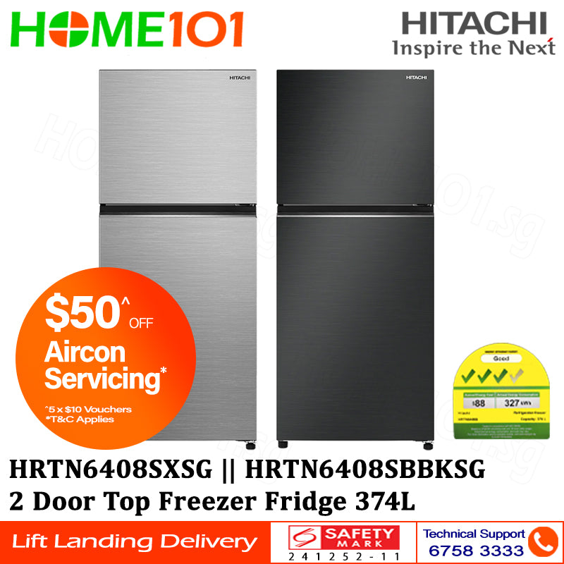 Hitachi 2 Door Top Freezer Fridge 374L HRTN6408S - HRTN6408SBBKSG || HRTN6408SXSG