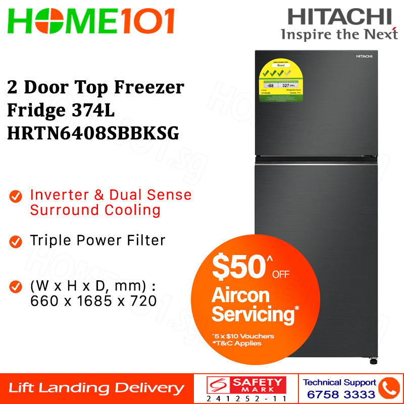 Hitachi 2 Door Top Freezer Fridge 374L HRTN6408S - HRTN6408SBBKSG || HRTN6408SXSG