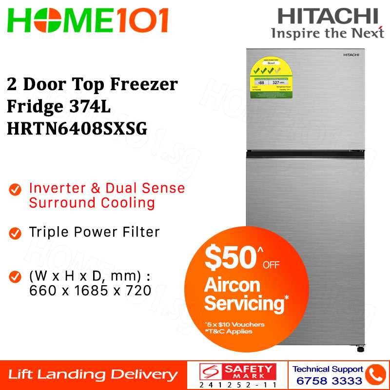 Hitachi 2 Door Top Freezer Fridge 374L HRTN6408S - HRTN6408SBBKSG || HRTN6408SXSG