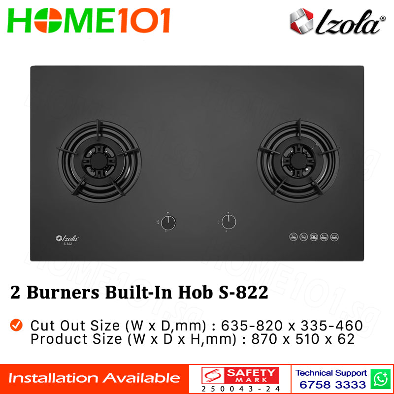 Izola Tempered Glass Built-In Hob 2 Burners S-822 - LPG / PUB - FREE INSTALLATION