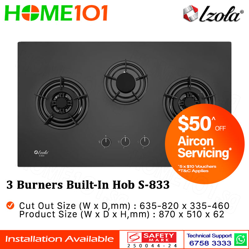 Izola Tempered Glass Built-In Hob 3 Burners S-833 - LPG / PUB - FREE INSTALLATION