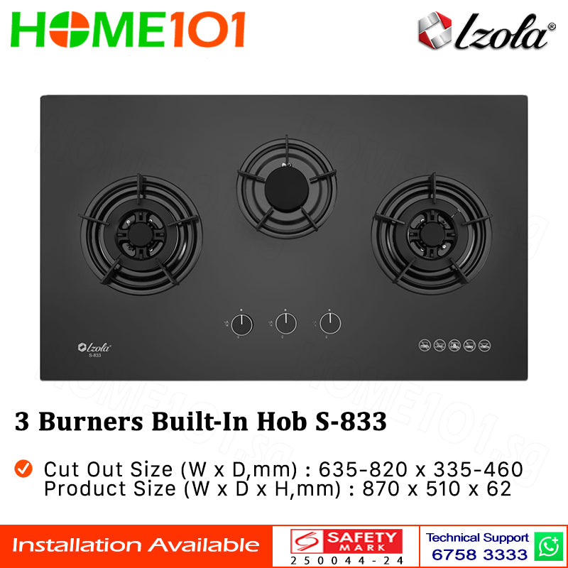 Izola Tempered Glass Built-In Hob 3 Burners S-833 - LPG / PUB - FREE INSTALLATION
