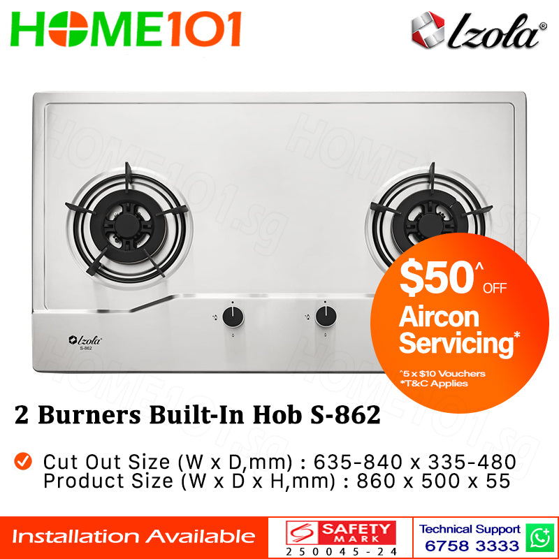Izola Stainless Steel Built-In Hob 2 Burners S-862 - LPG / PUB - FREE INSTALLATION