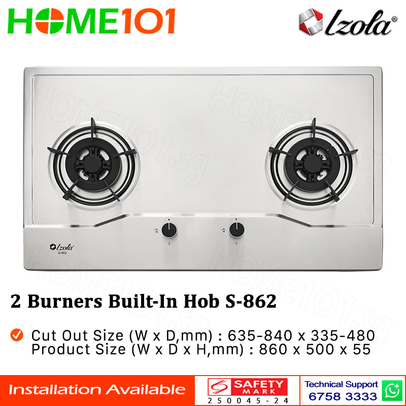 Izola Stainless Steel Built-In Hob 2 Burners S-862 - LPG / PUB - FREE INSTALLATION