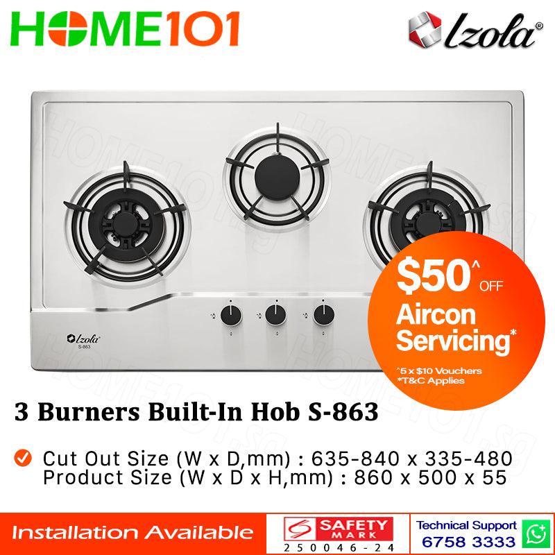 Izola Stainless Steel Built-In Hob 3 Burners S-863 - LPG / PUB - FREE INSTALLATION