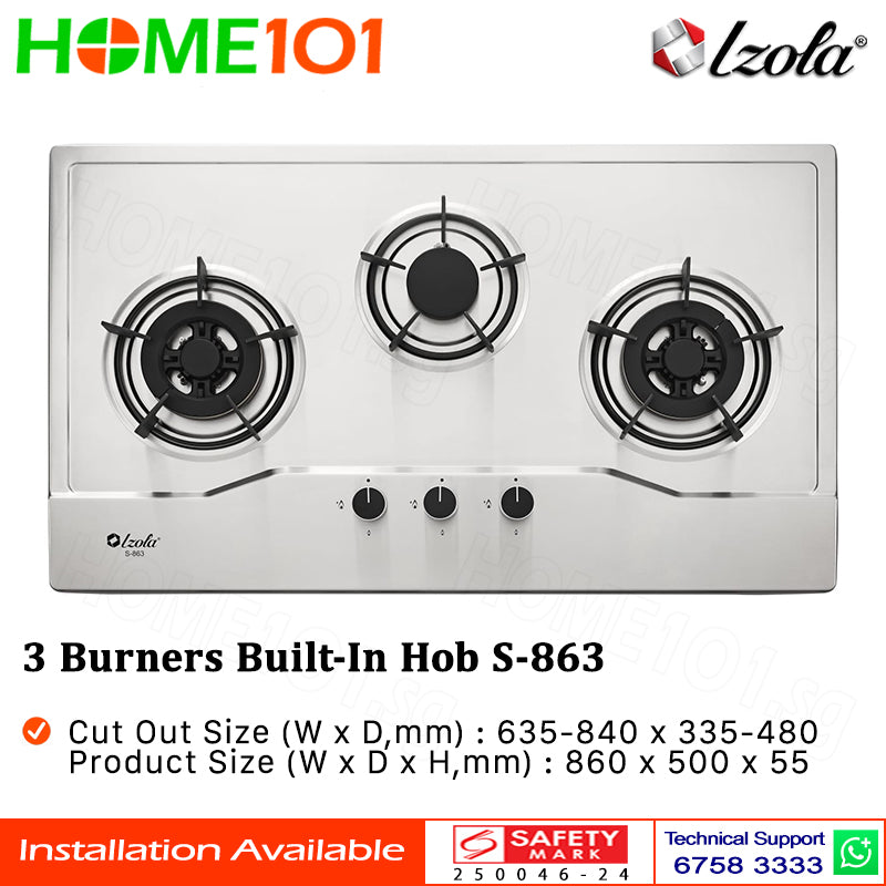 Izola Stainless Steel Built-In Hob 3 Burners S-863 - LPG / PUB - FREE INSTALLATION