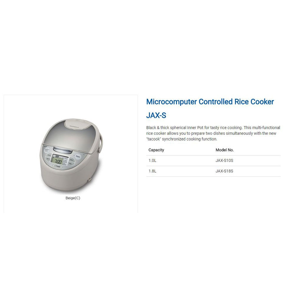 Tiger Microcomputer Controlled Rice Cooker 1.8L JAX-S18S