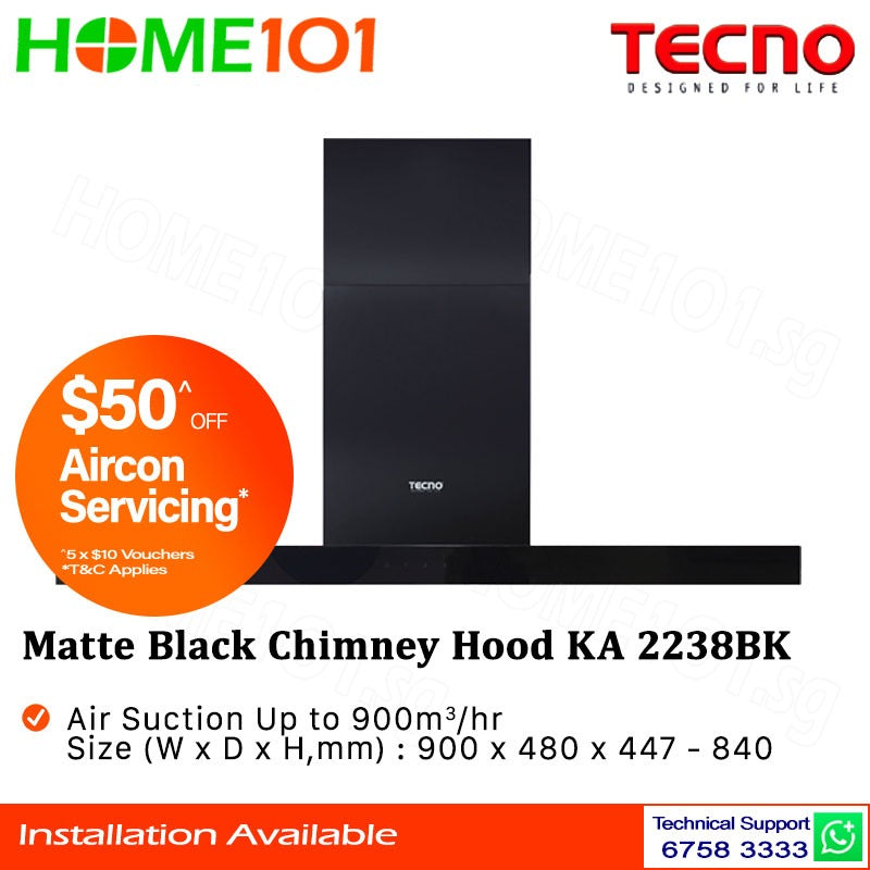 Tecno Matte Black Chimney Hood 90cm KA 2238BK