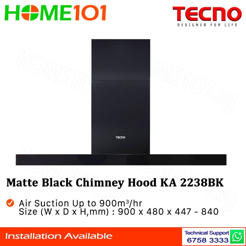 Tecno Matte Black Chimney Hood 90cm KA 2238BK
