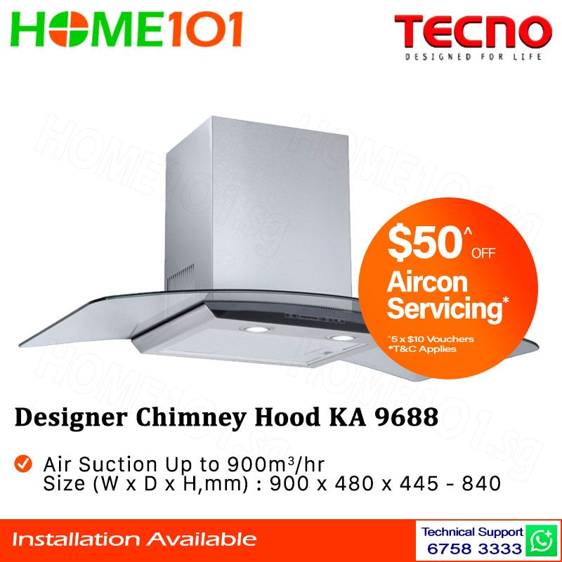Tecno Tempered Glass Designer Chimney Hood 90cm KA 9688