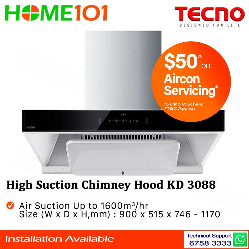 Tecno High Suction Chimney Hood 90cm KD 3088