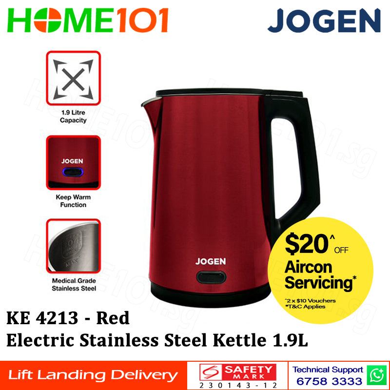 Jogen Electric Stainless Steel Kettle 1.9L KE 4213 - Red || KE 4214 - Green