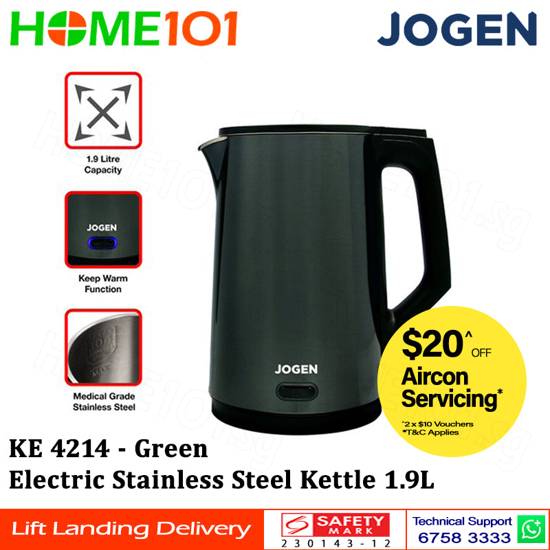 Jogen Electric Stainless Steel Kettle 1.9L KE 4213 - Red || KE 4214 - Green