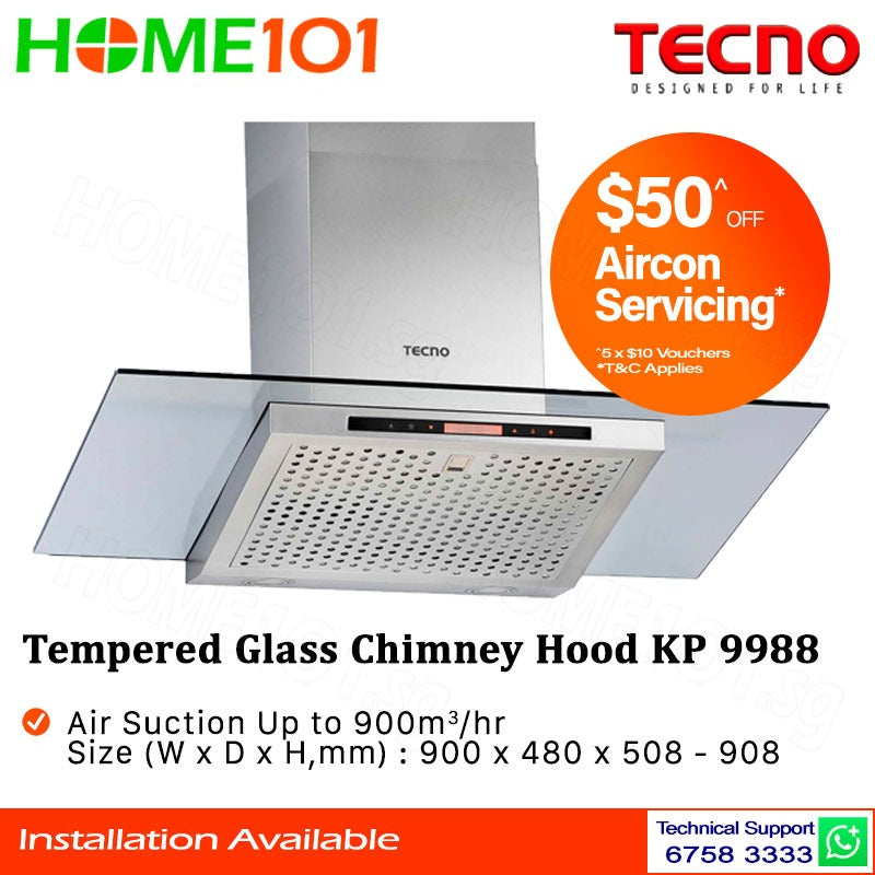 Tecno Tempered Glass Chimney Hood 90cm KP 9988