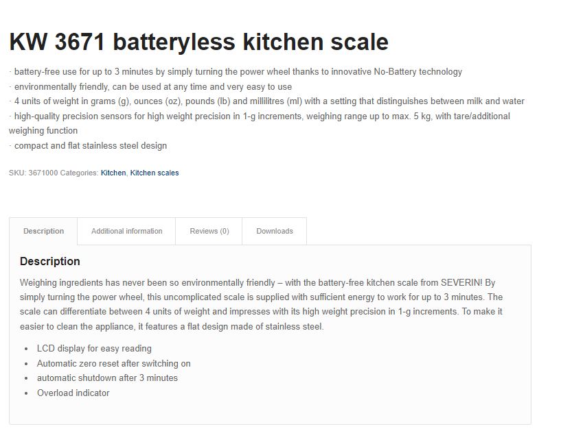 Severin Batteryless Electronic Kitchen Scale (Measure Range up to 5Kg) KW 3671