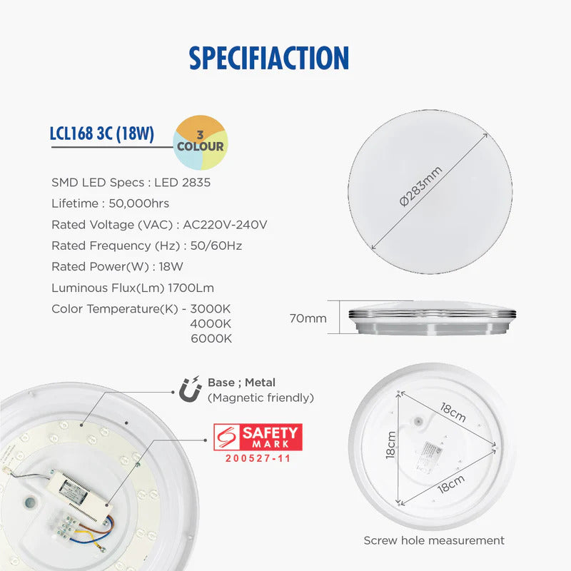 Daiyo 3C LED 18W Ceiling Light with 3-Step Wall Switch LCL 168