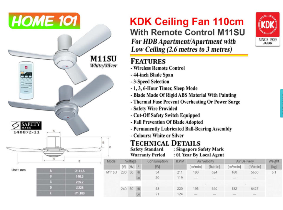 KDK Remote Ceiling Fan 110cm w/ Remote Ctrl M11SU