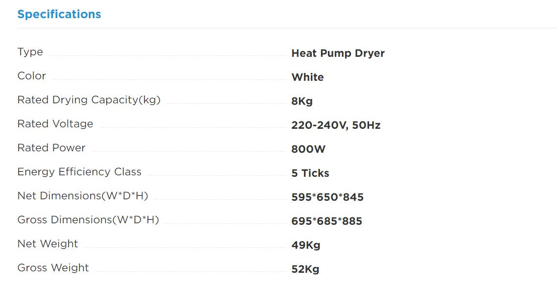 Midea Heat Pump Dryer 8.0KG MD200H80W & MD200H80WT