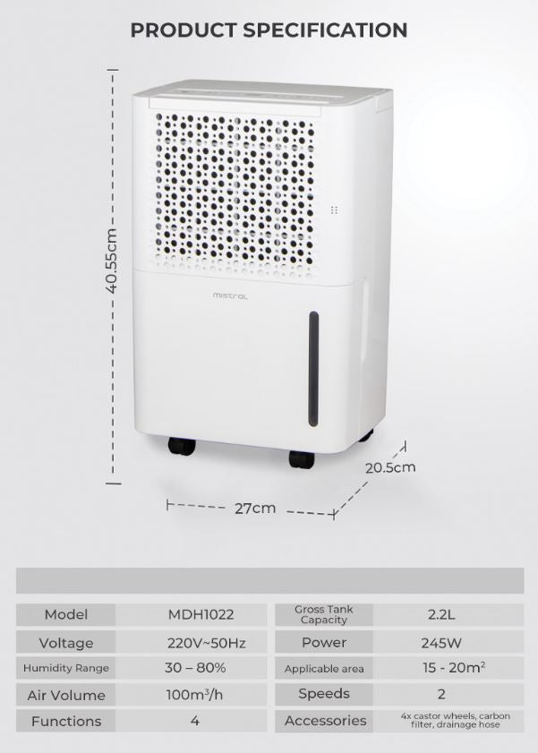 Mistral Dehumidifier w Ionizer & UV 10L MDH1022