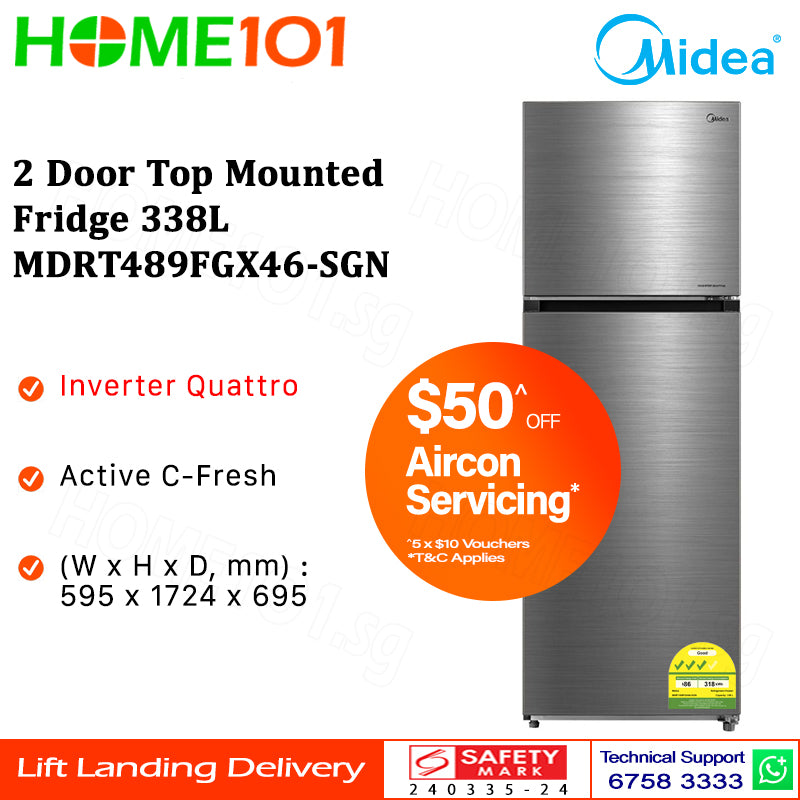 Midea 2 Door Top Mounted Fridge 338L MDRT489FGX46-SGN