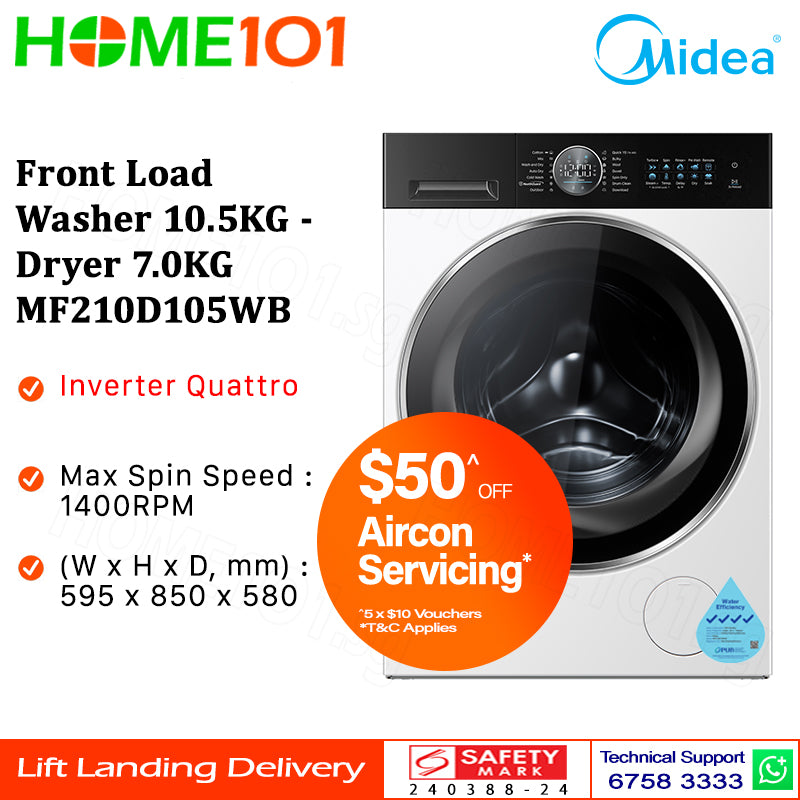 Midea Front Load Washer 10.5KG - Dryer 7.0KG MF210D105WB